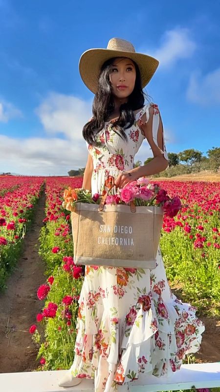 Floral flowy dresses for the dreamiest spring adventures! I loved wearing this ruffled maxi dress to the flower fields! The colorful bloom pattern over the white dress reminded me of spring! The length flows when the wind hits it! This dress is from Yumi Kim but I posted other floral options!