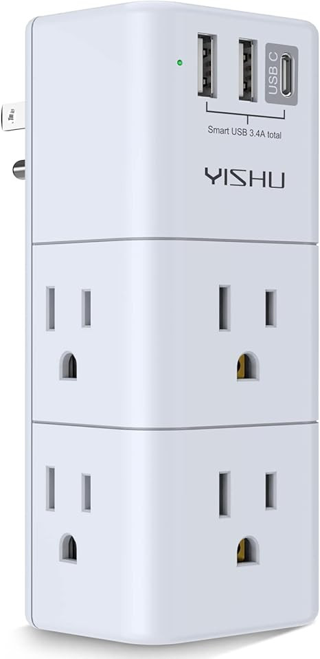 USB Multi Plug Outlet Extender - YISHU Surge Protector with Rotating Plug, 6 AC Plug Extender wit... | Amazon (US)