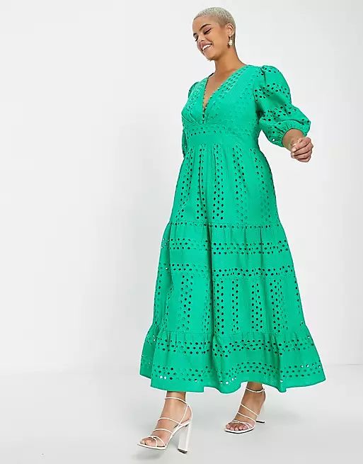 ASOS Curve plunge broderie tiered midi dress with button neck in green | ASOS (Global)