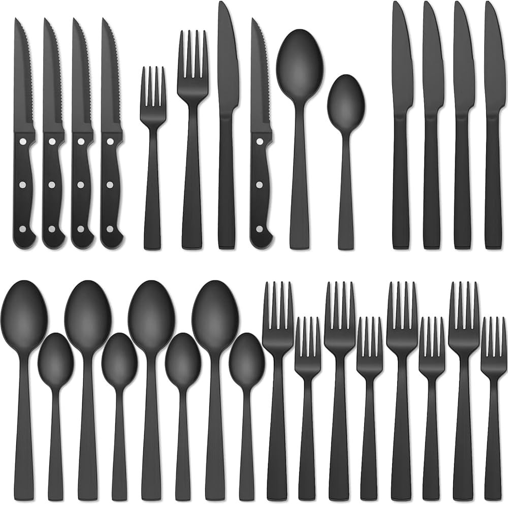 Black Silverware Set, Umit Chef 48Pcs Black Flatware Set with Steak Knives for 8, Food-Grade Stai... | Amazon (US)