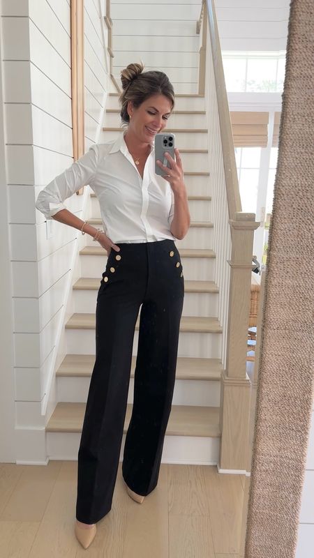 Workwear! Use code RACHELXSPANX for a discount in this no gape shirt (that resists wrinkles) and wide leg pull on pants. I am in xs and xs tall in the pants. I’m 5’11” wearing heels. 

#LTKVideo #LTKOver40 #LTKWorkwear