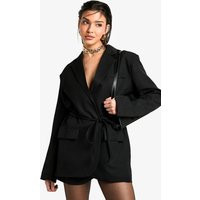 Womens Marl Shoulder Pad Belted Blazer - Black - 12 | boohoo (US & Canada)