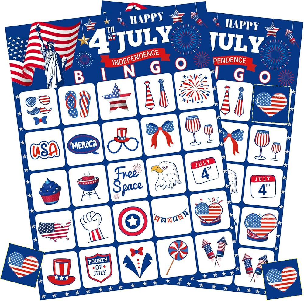 4th of July Games for Kids 4th of July Bingo Cards Red White and Blue Bingo with 24 PCS 4th of Ju... | Amazon (US)