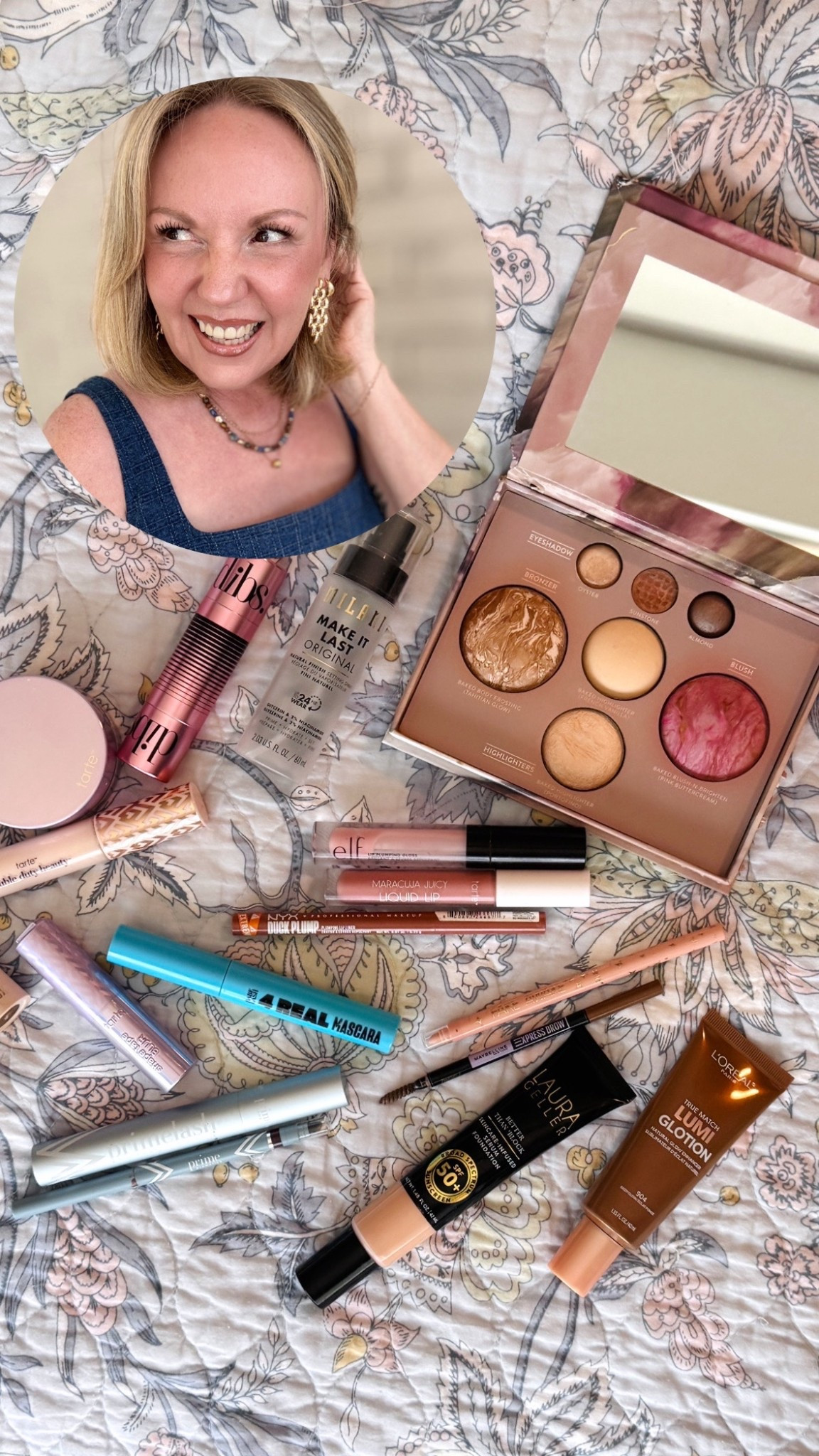 My full face makeup in application order: 
Laura Geller SPF foundation in color Fair
L’Oréal Lumi Glotion in Medium (mixed with foundation)
Tarte stick concealer in 12B Fair Baige
Dibs GlowTour contour & cream blush in Pink Cosmos
Laura Geller face palette for bronzer, blush topper, highlight & eye shadow 
Prime Prometics eyeliner in Wood 
Prime Prometics mascara in black as base
Babe Original 4Real Mascara in black 
Milani extensions mascara in black
Maybelline brow pencil in brown
Tarte Radiant concealer in 12B Fair Baige
Tarte Awake gel liner (on water line)
Tarte freckle stamp in Medium
Tarte setting powder in Lavender 
NYX Duck Plump lip liner in Flirty Flip
Loreal nude matte lip 
Tarte Liquid Lip in Pink Baige
Elf plumping gloss in Pink Cosmo 
Milani Make It Last setting spray 
** not pictured body highlight from Dibs in Good Life Gold

#LTKBeauty #LTKSeasonal #LTKOver40