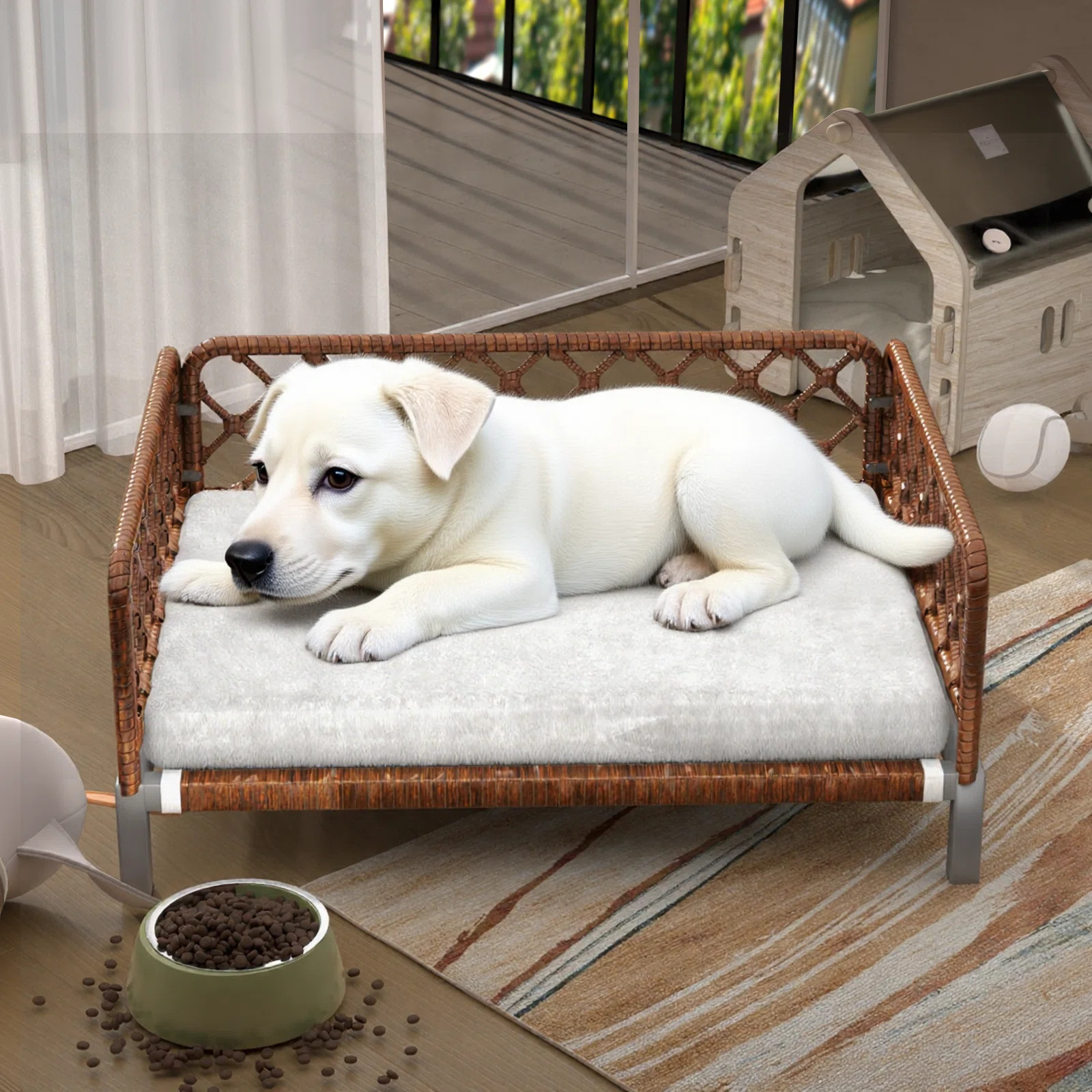 Outdoor Wicker Dog Bed, Handwoven Brown Rattan Dog Sofa With Detachable White Cushion, Classic Bo... | Wayfair North America