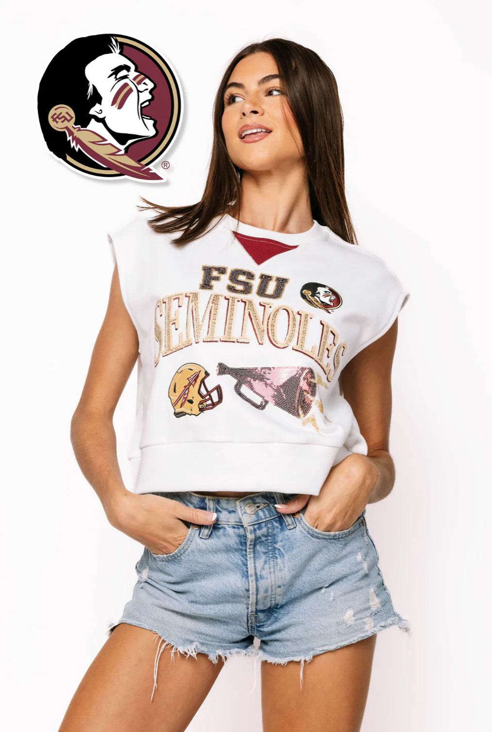 Licensed Sample - FSU Megaphone and Icons V Sweatshirt Tank | Queen of Sparkles