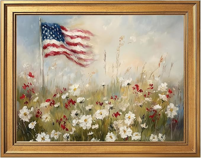 Framed Patriotic Flower American Flag Wall Art Canvas Print Vintage Floral Landscape Painting 4th... | Amazon (US)