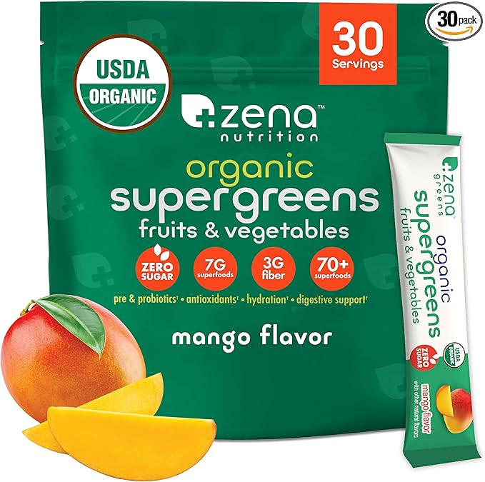 Zena Nutrition Organic Super Greens Powder, 70+ Superfoods, 0 Sugar, 3G Fiber, Spirulina, Chlorel... | Amazon (US)