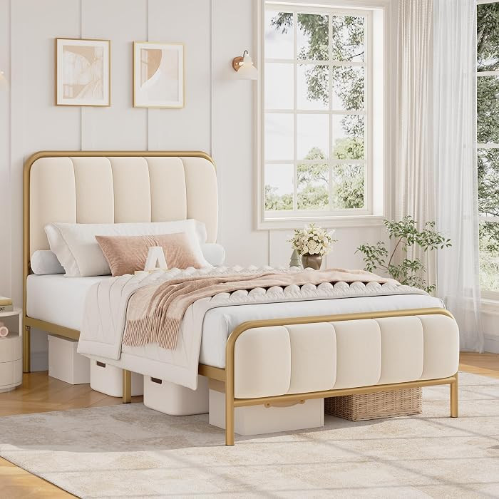HITHOS Twin Size Bed Frame with Button Tufted Headboard, Upholstered Heavy Duty Metal Mattress Fo... | Amazon (US)
