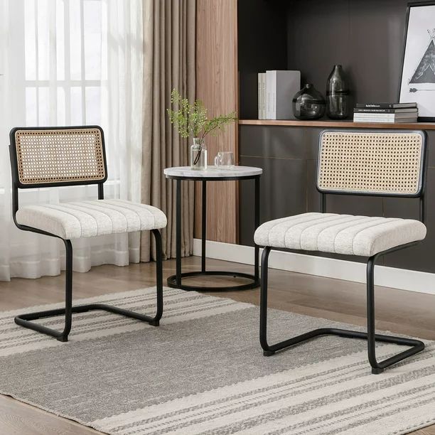 Zesthouse Beige Linen Dining Chairs Set of 2, Rattan Upholstered Kitchen Chairs with Cane Back an... | Walmart (US)