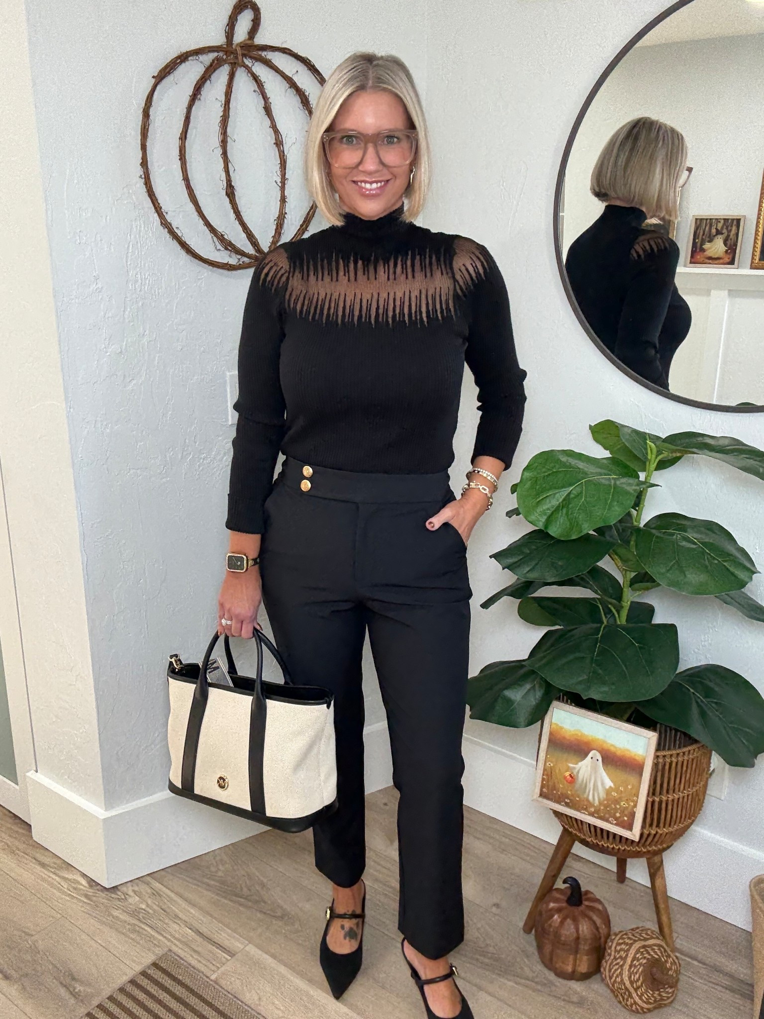 Let’s get ready for our Anniversary Date Night!! 

This mock neck sweater is absolutely stunning with the mesh details. I’m wearing a large. I’ve also machine washed and dried with no issues. 

These Scuba Straight Leg pants from Quince are such a find. I’m kinda obsessed with them. Sadly they’re discontinuing them. But there are some sizes left. They’re also available in Navy. I’m wearing an 8. 
Side note the scuba material perfectly matches the Scuba Blazers from Quince! 

I’ll link everything else below! 

Date night outfit, all black, fall fashion,  

#LTKFindsUnder100 #LTKOver40 #LTKStyleTip