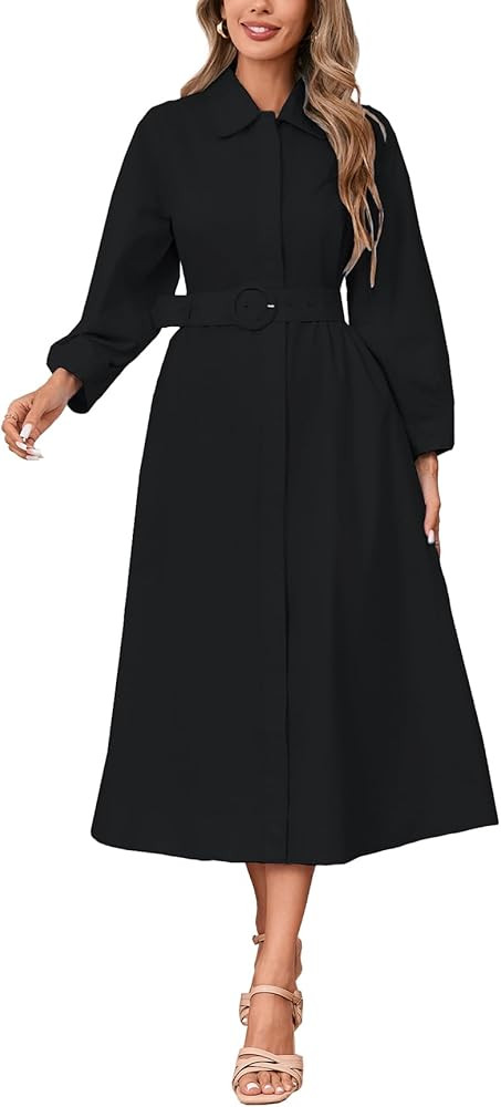 Women Button Down Shirt Dress 3/4 Sleeve V Neck Collared Midi Dress Belted A Line Shirtdress with... | Amazon (US)