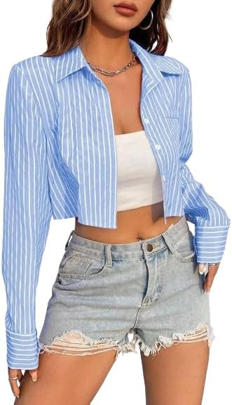 Remidoo Women's Asymmetrical Hem Long Sleeve Button Up Shirt Crop Top Blouse | Amazon (US)