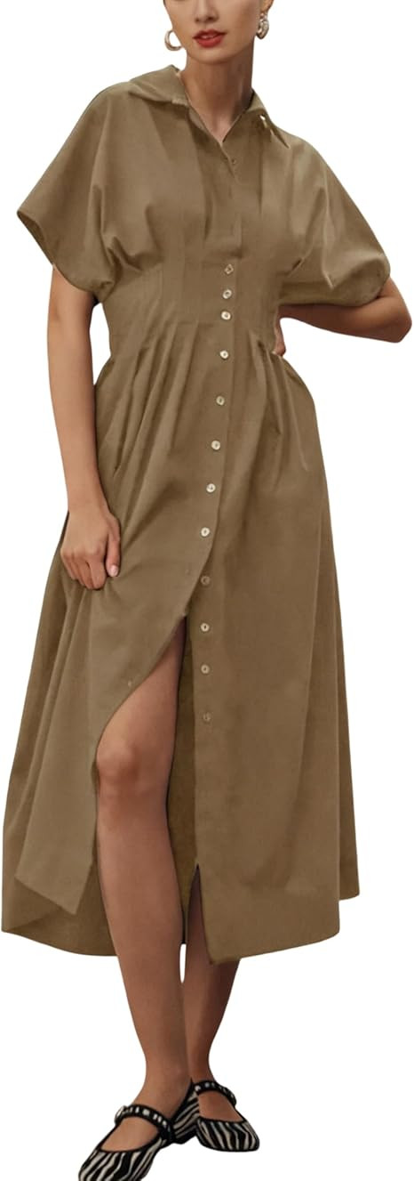 Yeokou Shirt Dress for Women Summer Casual Short Sleeve Button Down Loose Pleated Maxi Sundress w... | Amazon (US)