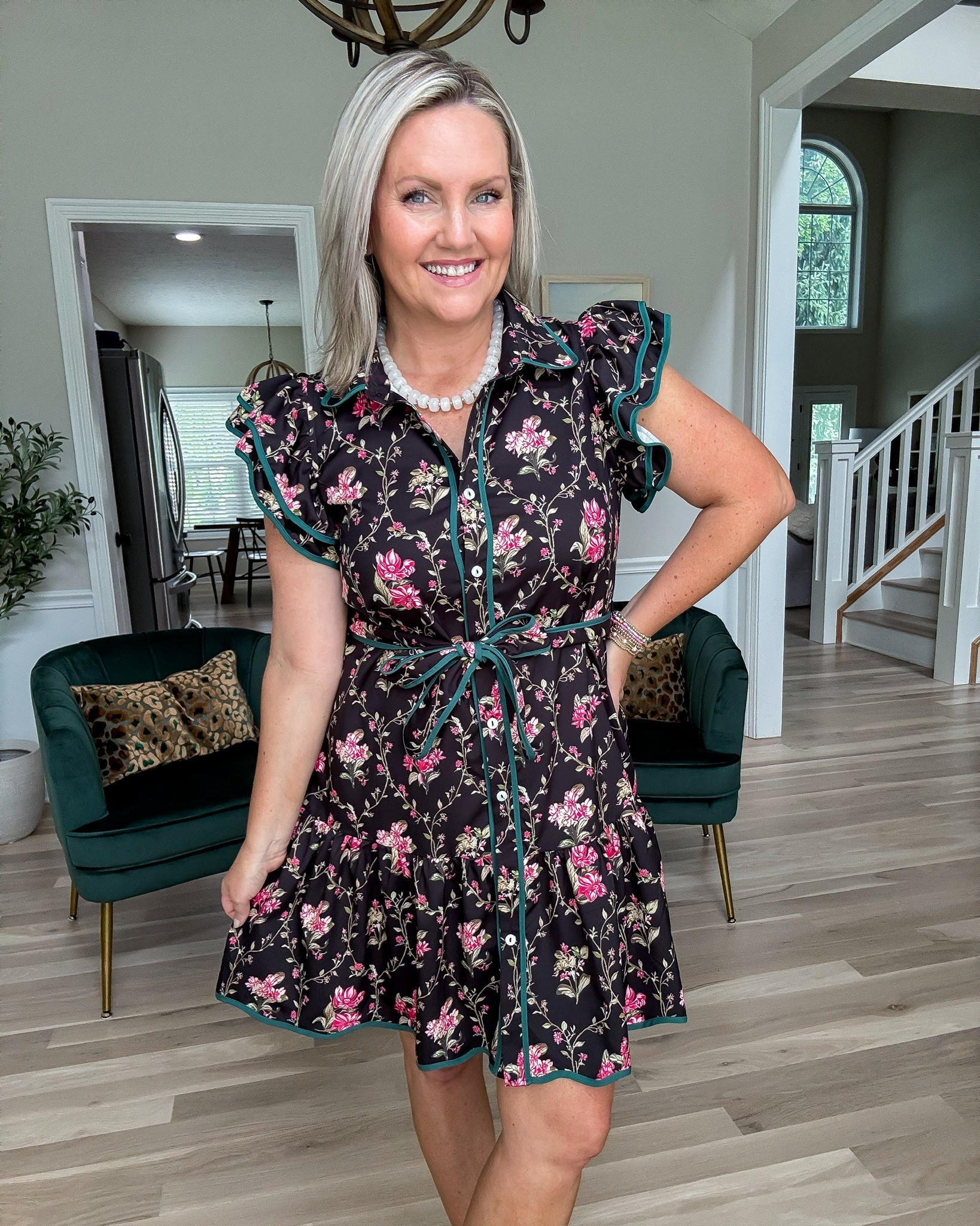 This dress is such a fun statement piece without feeling over the top. The floral print paired with the contrast trim gives it a boutique feel, while the flutter sleeves and adjustable tie waist create a flattering fit. It’s one of those dresses that always gets compliments.

floral dress, flutter sleeve dress, fall transition outfit, boutique dress, printed dress, feminine style, date night outfit, wedding guest dress, statement dress, everyday style, lovelylifestyling

#LTKootd #LTKSeasonal #LTKOver40