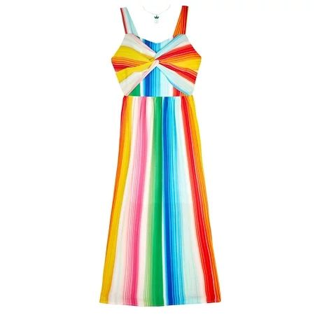 Rainbow Stripe Twist Front Maxi Dress with Necklace (Big Girls) | Walmart (US)