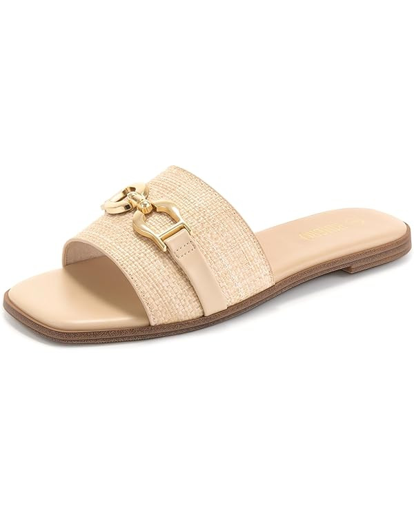 Rihero Women's Flat Sandals Summer Comfortable Square Open Toe Slip On Leather Slide Sandals | Amazon (US)