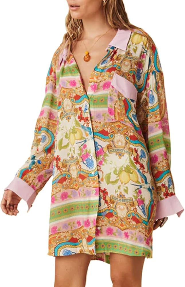 Women's Multicolor Boho Floral Print Buttoned Long Sleeve Shirt Dress | Amazon (US)