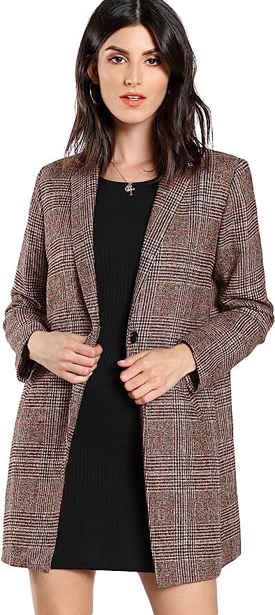 SheIn Women's Lapel Collar Coat Long Sleeve Plaid Blazer Outerwear | Amazon (US)