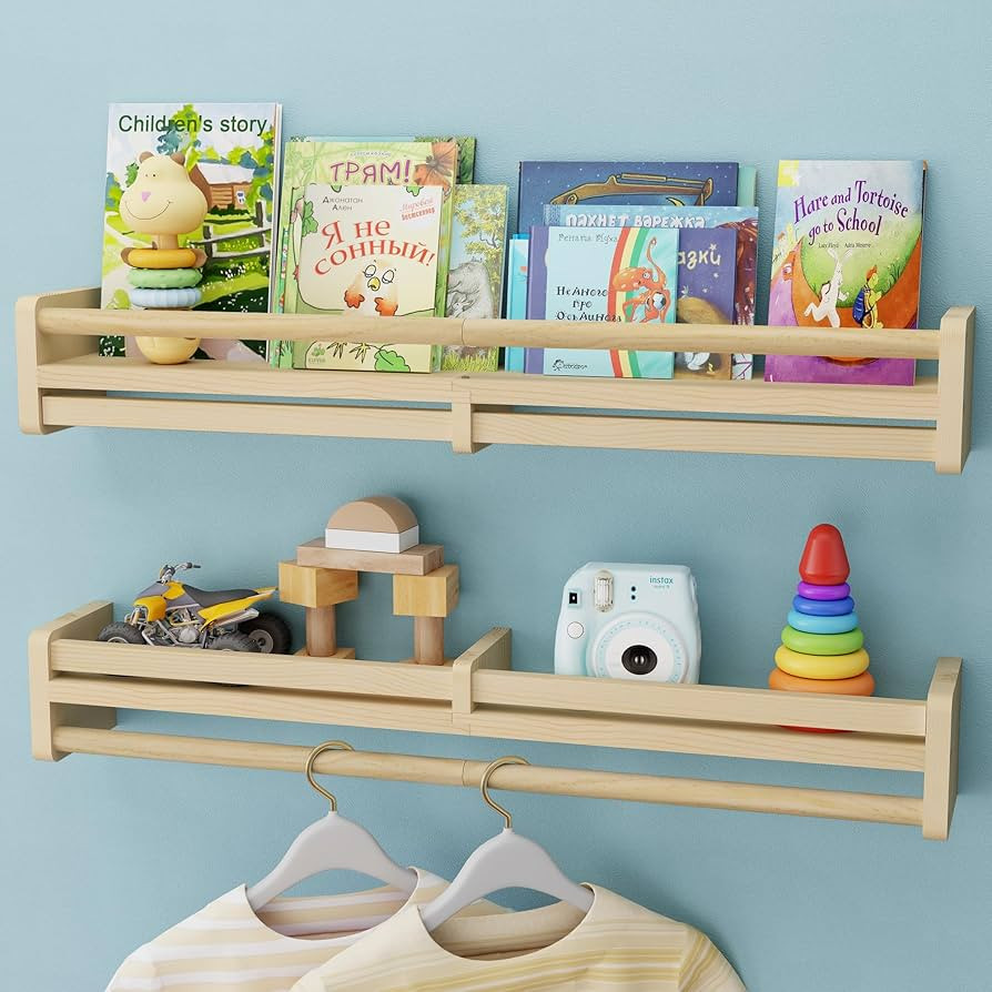Nursery Floating Shelves with Hanging Rod, 33 Inch Kid's Bookshelves Set of 2, Wall Mounted Baby ... | Amazon (US)