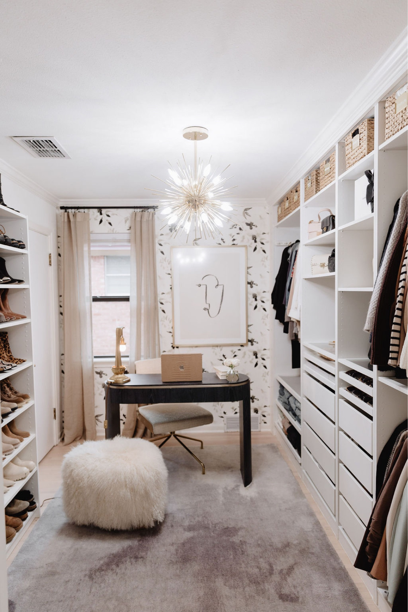 Home office // Home decor, office decor, desk, office chairs, light pendant, sunburst light, wardrobe, ottoman, rug, modern rug, wallpaper, flower wallpaper, table lamp, marble lamp, art print, sheepskin rug, MacBook case, curtain rod, curtains, mirror, acrylic hangers, vanity set, office chairs, candle, modern decor, modern home decor, neutral home decor, office, decoration, decorative vases, living room, office decor, home office decor, ceramic vases, centerpieces, modern, neutrals, home decorations, decorations, decor, living room, living room decor, table, office, centerpiece, area rug, area rugs, rugs, chair, accent chair, swivel accent chair, bedroom decor, living room decor 
