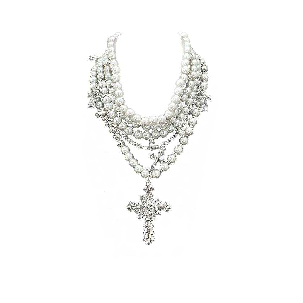 Layered Pearl Necklace Gothic Cross Pearl Stacked Necklace for Women | Amazon (US)