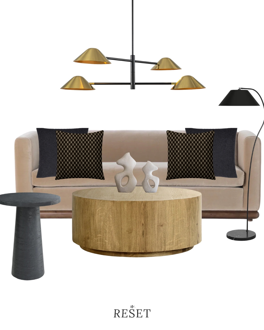 High-end neutral living room furniture with modern silhouettes.
Includes an upholstered sofa, round wood coffee table, statement chandelier, accent lighting, and sculptural decor.
Perfect for a timeless, elevated living space. 

 #LTKSeasonal #LTKHome
