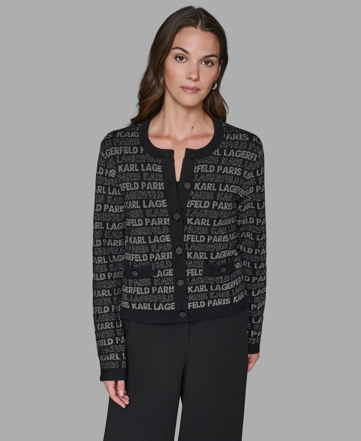 Karl Lagerfeld Paris Women's Lurex Logo Cardigan Sweater - Black/Gunmetal | Macy's