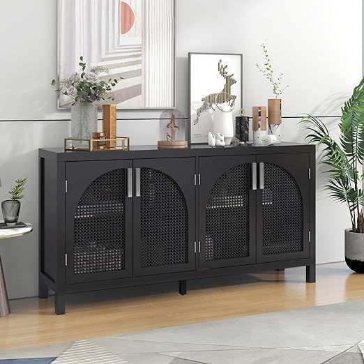 Large Storage Space Sideboard with 4 Artificial Rattan Door, Wooden Storage Cabinet with Metal Ha... | Amazon (US)