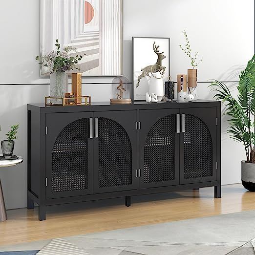 Large Storage Space Sideboard with 4 Artificial Rattan Door, Wooden Storage Cabinet with Metal Ha... | Amazon (US)