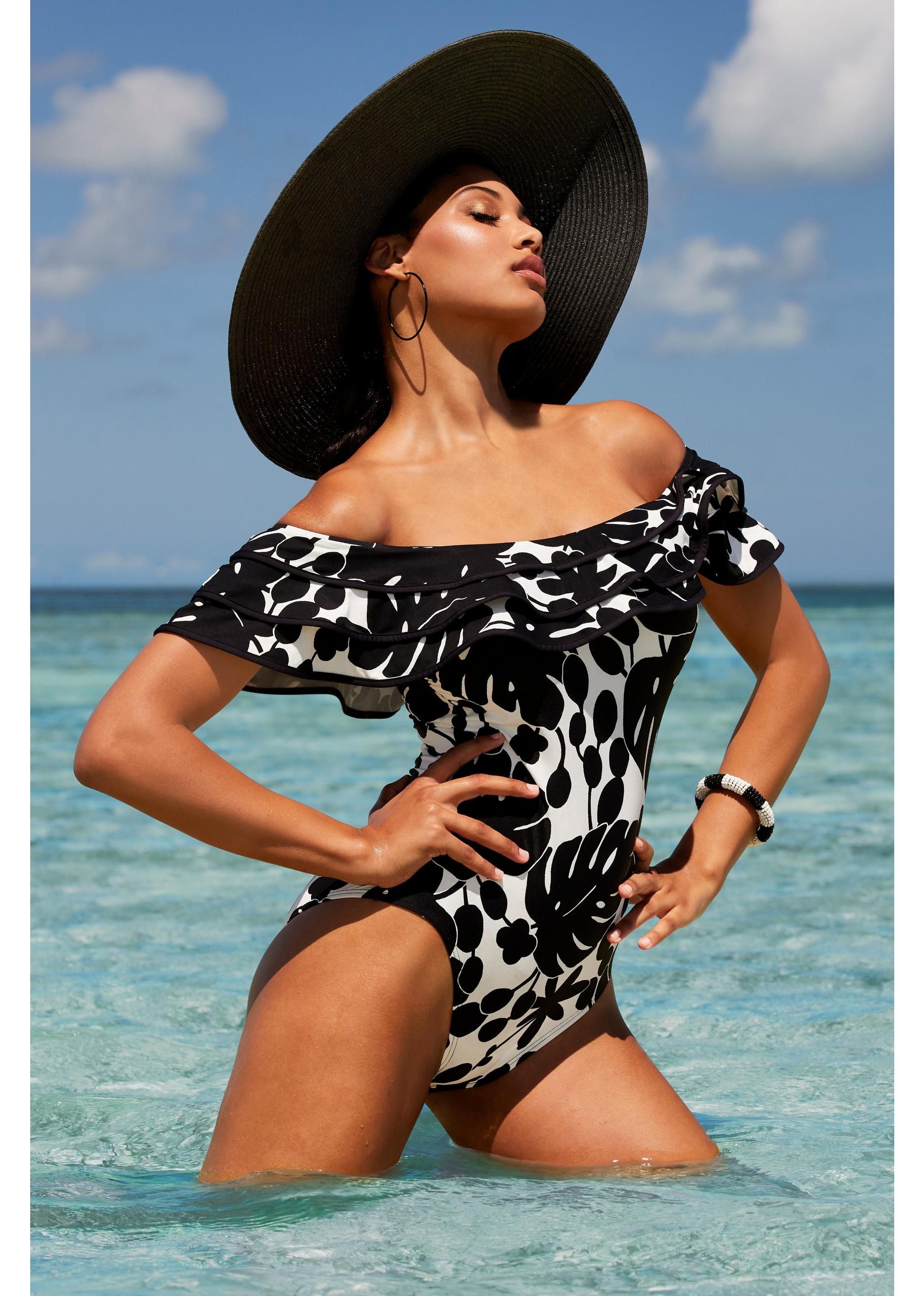 Off-The-Shoulder Ruffle Palm Print One-Piece Swimsuit | Boston Proper