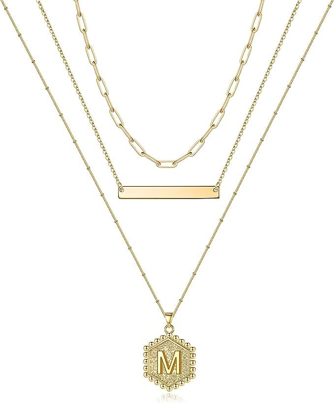 Gold Layered Initial Necklaces for Women, 14K Gold Plated Bar Necklace Handmade Layering Hexagon ... | Amazon (US)