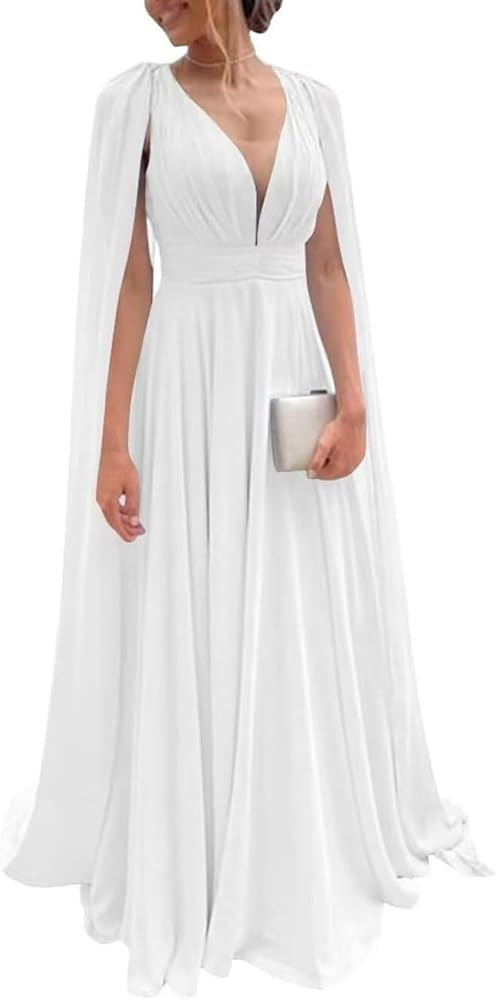 Chiffon Bridesmaid Dress for Women Cape Sleeve V-Neck Formal Evening Gowns with Pocket LBC020 | Amazon (US)