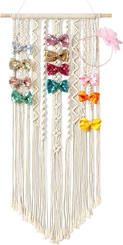 Mkono Macrame Bow Holder Hanging Hair Bow Organizer for Girls Hair Bows,Boho Wall Hair Clips Head... | Amazon (US)