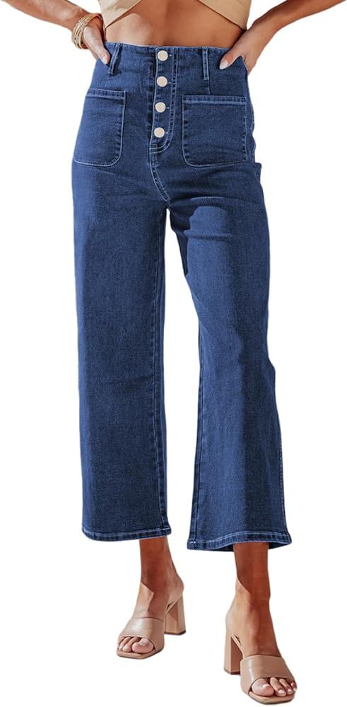 Sidefeel Women's Wide Leg Jeans High Waisted Stretchy Straight Leg Jeans Buttoned Loose Denim Pan... | Amazon (US)