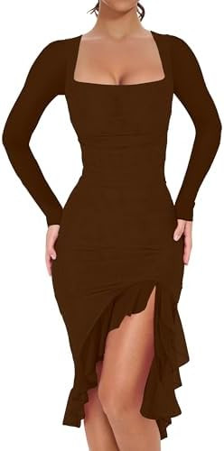 BORIFLORS Women's Sexy Ruched Bodycon Midi Dresses Elegant Mesh Long Sleeve Square Neck Ruffle He... | Amazon (US)