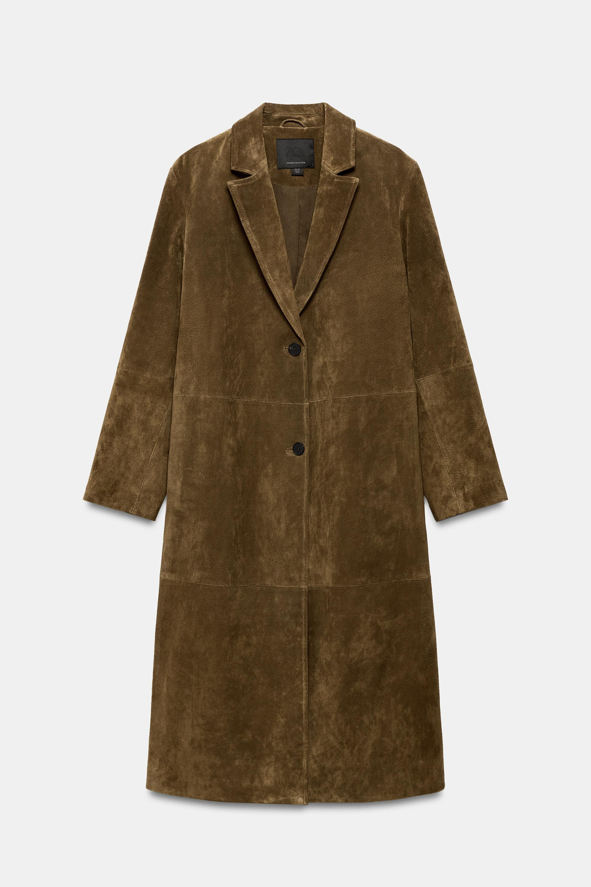Zara - 100% Leather Long Coat Zw Collection - Olive Green - S - Woman | Zara US