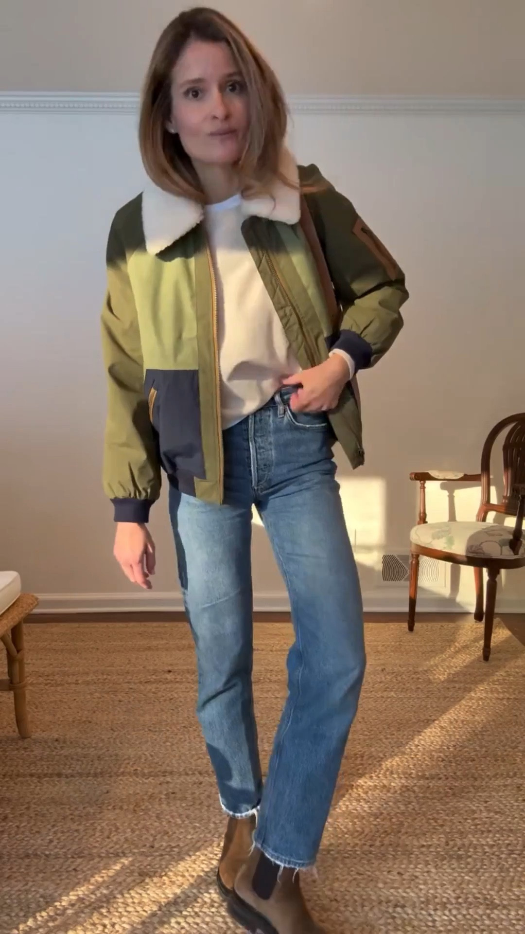 Sharing yesterday’s OOTD! Hope you're having a great week 🤍 how fun is this Boden bomber jacket?! Loved bringing some fun to my winter outfit today. I’m wearing a 4 but should have sized up 1 to a 6 • AGOLDE 90’s in dark denim. Wearing a 25 (TTS) • perfectwhitetee for both the short sleeve and long sleeve layers. Springsteen short sleeve is one of my all time favorite white tees. Wearing a small. I sized up one to a medium for the Palmer long sleeve. I love how soft and fleece like this one feels and I especially love the beautiful winter white • Margaux West Chelsea boots are my most worn and most loved boots. 

Have a great day!

Xx, Meg

#ootd #outfitoftheday #outfitinspo #everydaystyle #momstyle

#LTKSeasonal #LTKootd