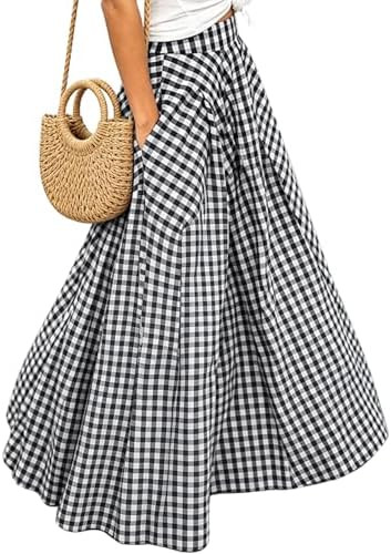 WOWULOVELY Women's Plaid Gingham Maxi Skirt with Pockets High Waist A Line Pleated Flared Gingham... | Amazon (US)