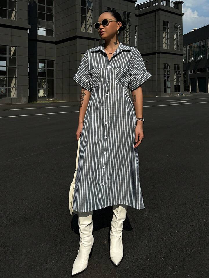 DAZY Women Striped Waist Belt Shirt Midi Dress,Casual Women Dresses | SHEIN
