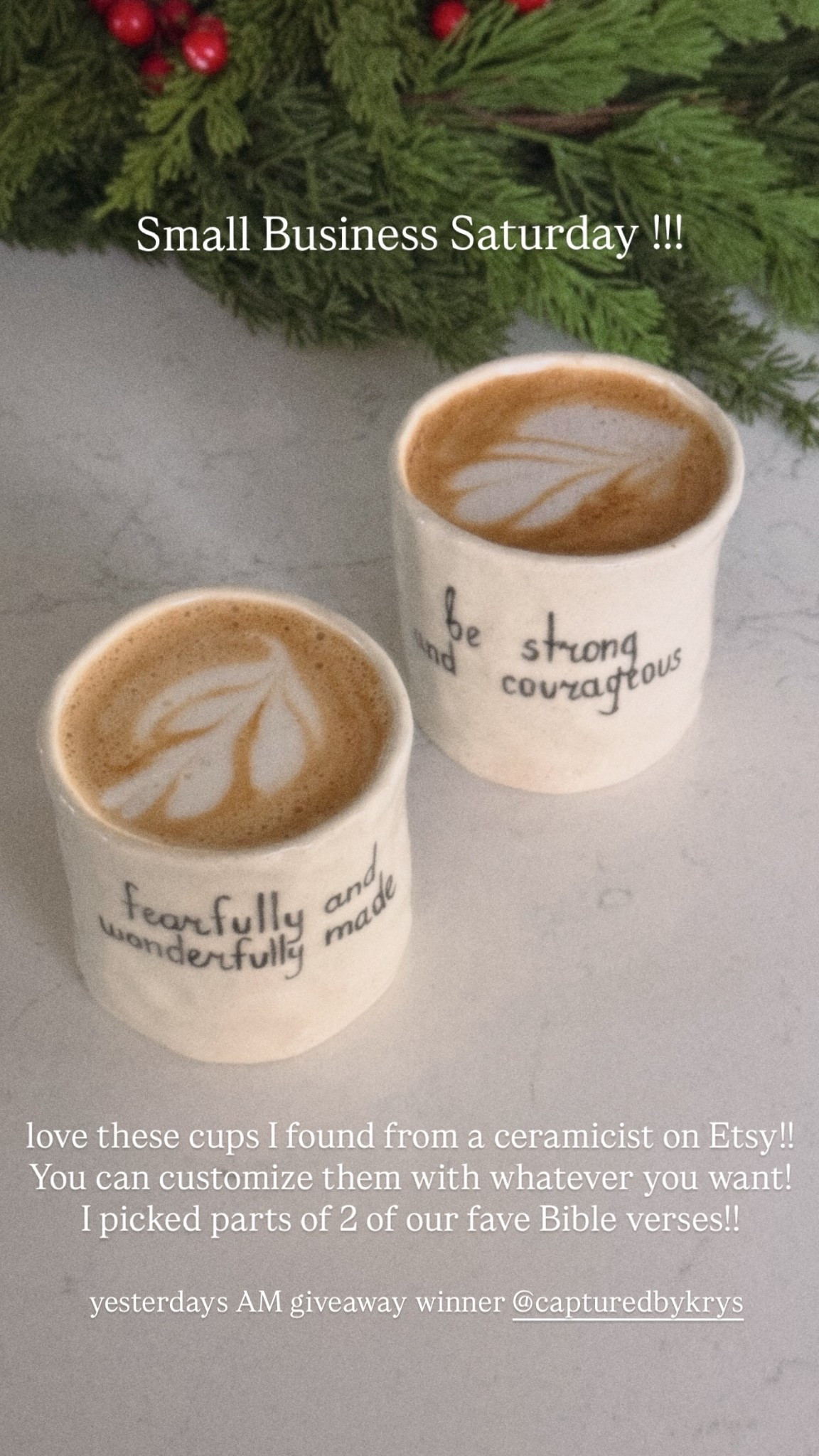 yesterdays AM giveaway winner @capturedbykrys  love these cups I found from a ceramicist on Etsy!! You can customize them with whatever you want! I picked parts of 2 of our fave Bible verses!! Small Business Saturday !!!