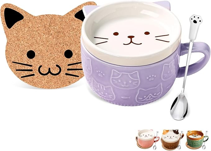 Gift for Women Cute Cat Mug Kawaii Tea Cup Pink Ceramic Coffee Mug with lid,Tea Cups and Saucers,... | Amazon (US)