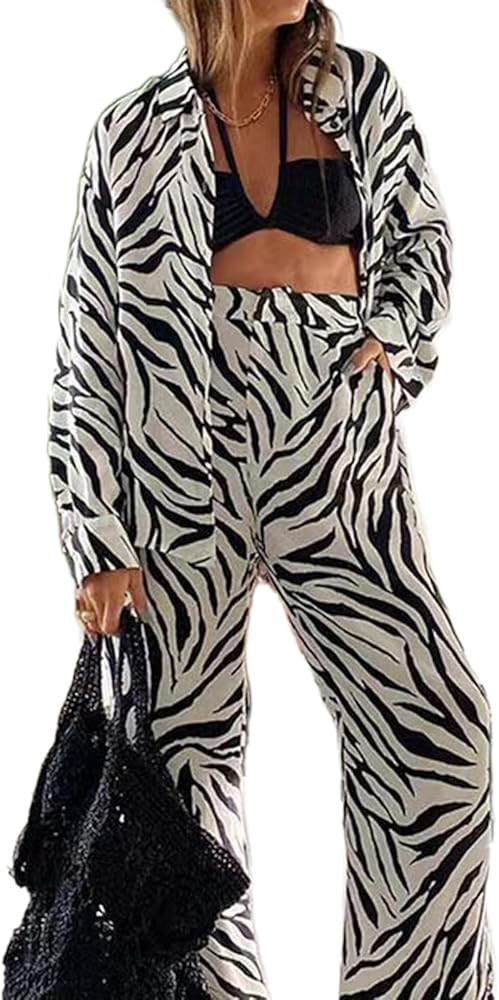 Women’s 2 Piece Outfit Striped Color Block Button Down Long Sleeve Blouse and Loose Wide Leg Pa... | Amazon (US)