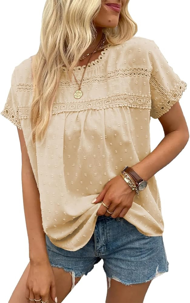 Poetsky Womens Summer Short Sleeve Lace Crochet Blouses Flowy Babydoll Dressy Casual Work Tops | Amazon (US)