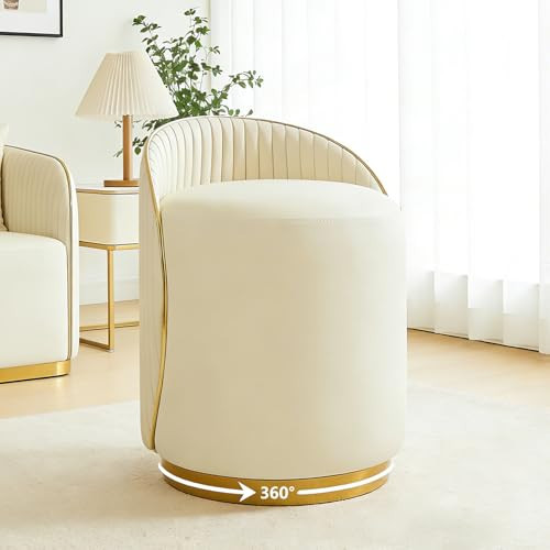 OVLRIJP Modern Round Makeup Stool, 360 Swivel Vanity Chair, Beige Leather Seat, Solid Wood Frame, 400 lbs Weight Capacity | Amazon (US)