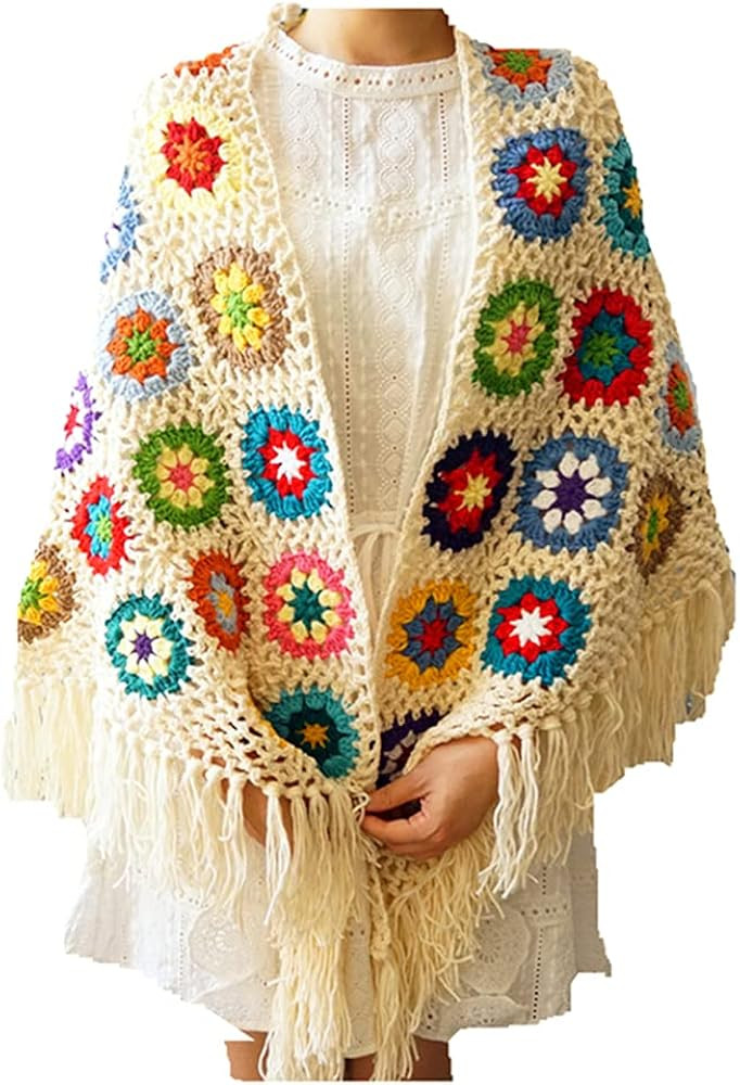 62x30in Handmade Crochet Fringed Poncho Cape Shawls Wraps Granny Square Womens Coat Sweater | Amazon (US)