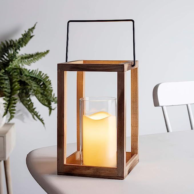 Lights4fun, Inc. 9.5" Wooden Battery Operated Indoor LED Flameless Candle Lantern with Glass Cand... | Amazon (US)