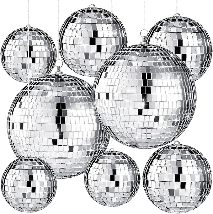 Haull 8 Pcs Large Disco Ball Set Silver Mirror Disco Balls Reflective Ball with Hanging Ring Part... | Amazon (US)