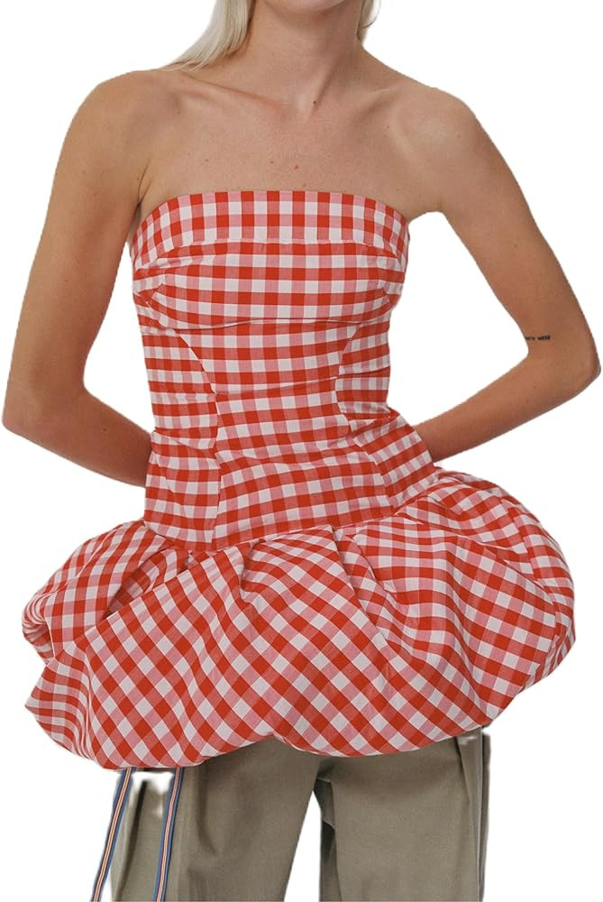 Women Peplum Tube Tops Strapless Ruffle Hem Bubble Bandeau Tops Sleeveless Off Shoulder Puffy Ple... | Amazon (US)