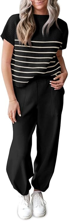 Tankaneo Women Striped Sweater Set Knit Sweatsuit Short Sleeve Two Piece Clothing Sets Tracksuit | Amazon (US)